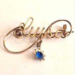 Vintage Luisa name brooch pin gold stone wire blue gem dangle personalized mono